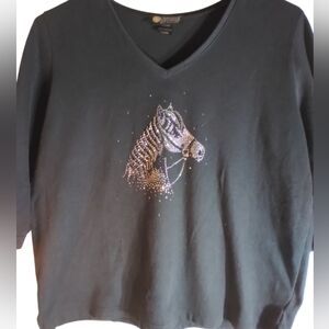 Vtg Christine Alexander Black Top with Rhinestone Horse Design Size XL V Neck